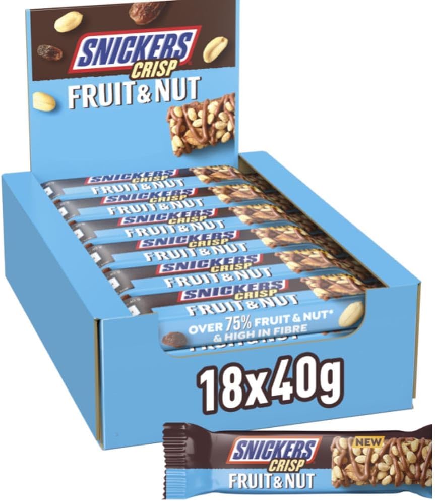 Snickers Crisp Fruit & Nut Milk Chocolate Snack Bars 18 x 40g, Bulk Chocolate Box, Ideal for Gift, Snacks or Hamper