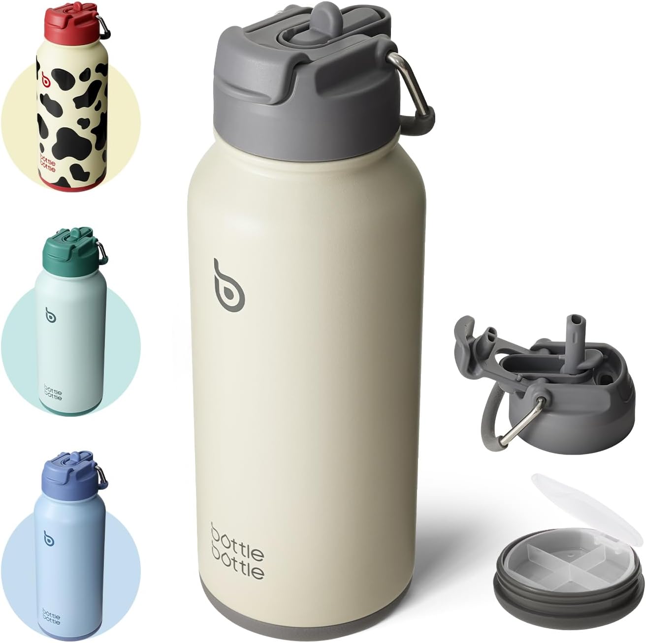 BOTTLE BOTTLE Insulated Water Bottle 950ml(32oz) Stainless Steel Sports Water Bottles with Straw Dual-use Lid Drink Flask Design for Gym with Pill Box (Gray)