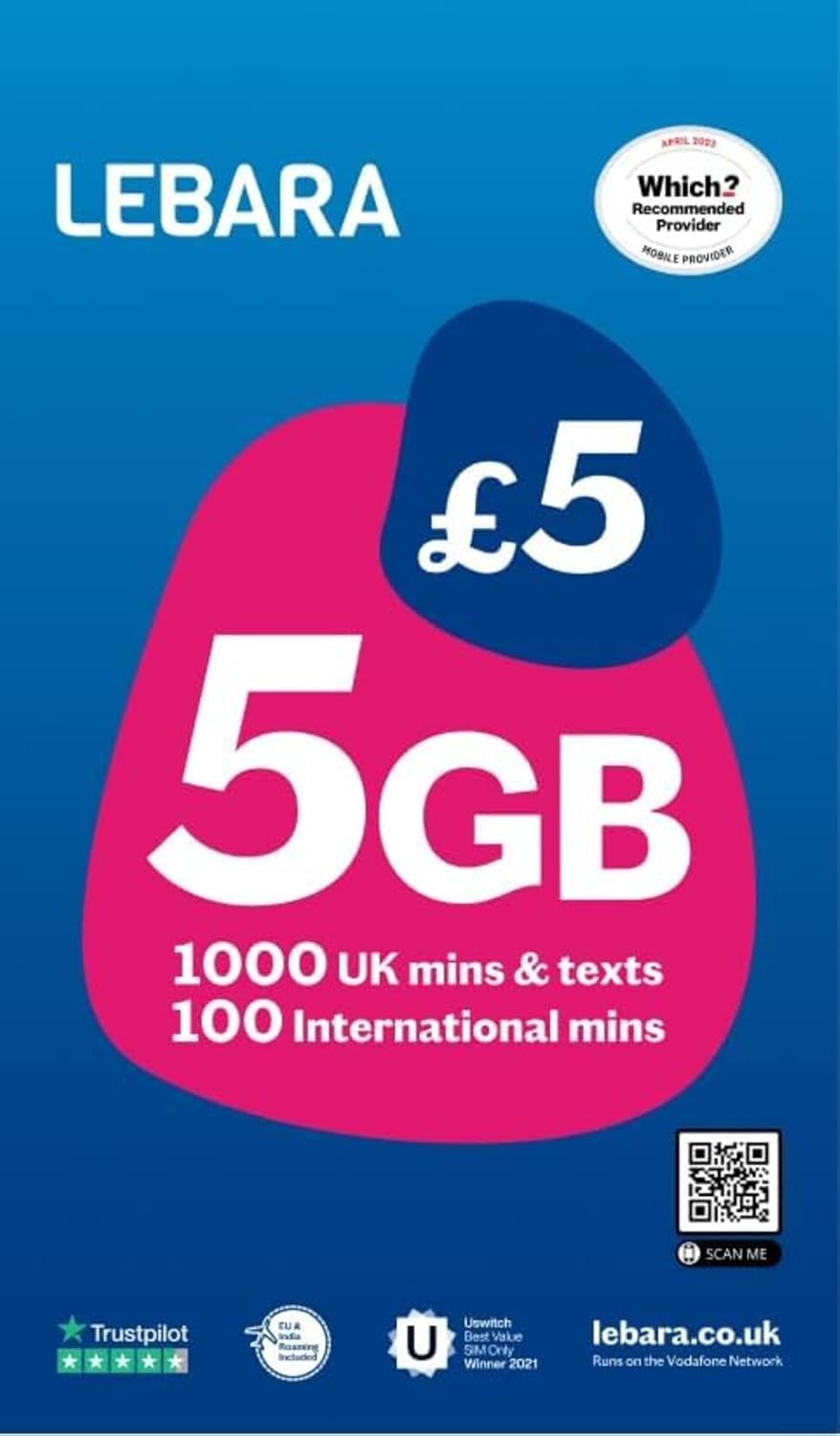 Lebara UK Pay As You Go SIM Card - 5GB Data, 1000 UK Minutes & Texts, 100 International minutes for £5