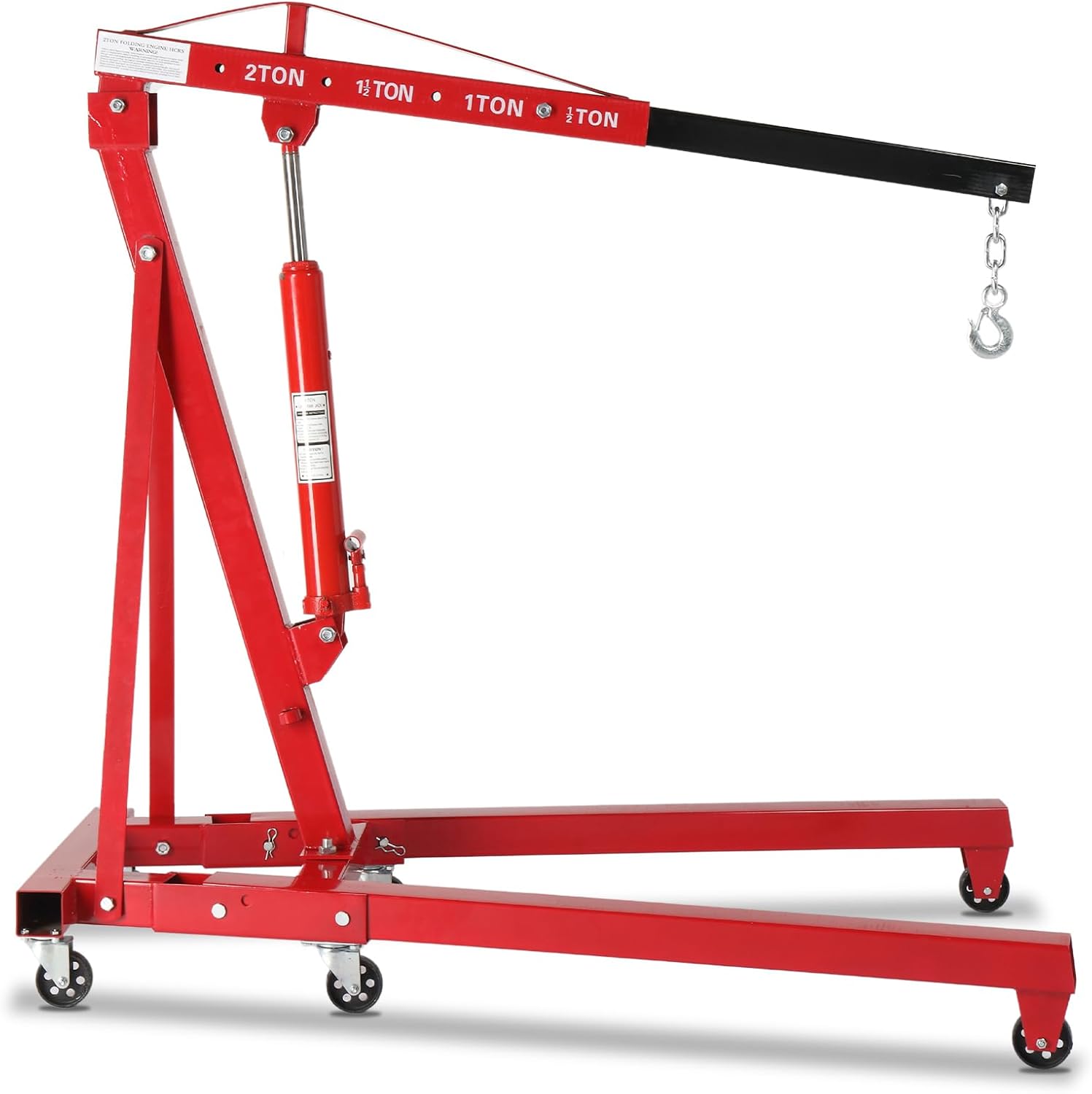 TUFFIOM 2 Ton Folding Hydraulic Engine Crane with Telescopic Boom and Outriggers and Hook, 4400 lbs Engine Hoist Workshop Crane Lifting Cherry Picker, Heavy Duty Steel Electric Hoist, Red