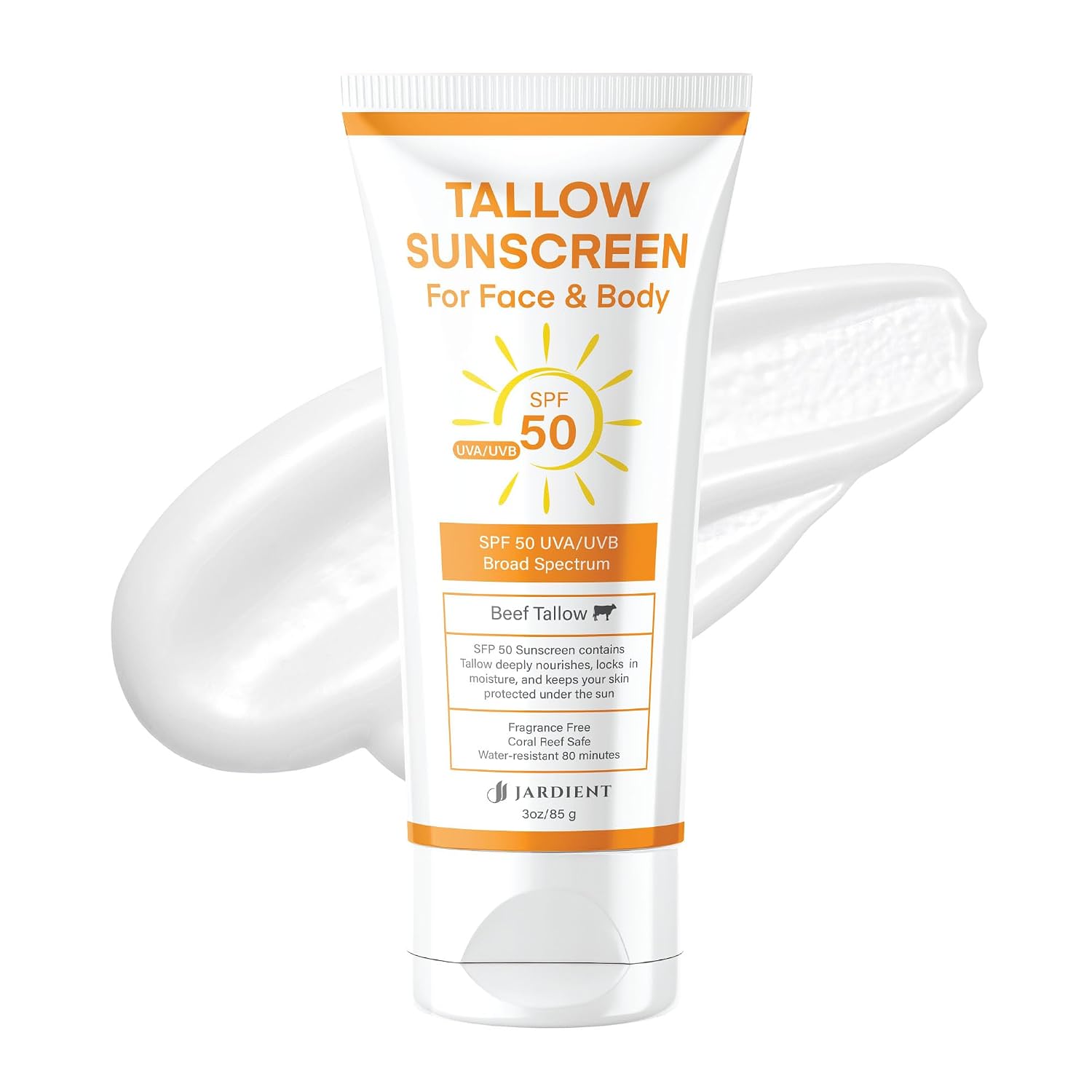 Beef Tallow Sunscreen with Mineral SPF 50 3oz : Instant Sun Protection Non Nano Zinc Oxide Sunblock- Non Greasy Formula- Beach Jogging Outdoor Sports - 3oz, 85g