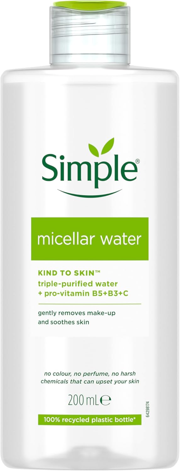 Simple Kind to Skin Cleansing Water Micellar 90% hydration boost facial cleanser and makeup remover, 200ml