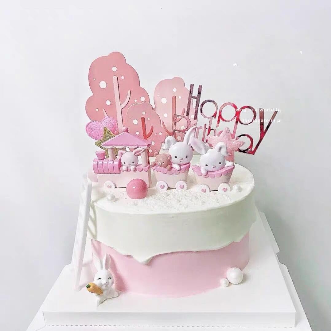 MAIGO 23PCs Bunny Cake Topper Set- Rabbit Figures Cake Toppers, Bunny Toys Fairy Garden Cake Decorations, Easter Cake Decorations for Girls Boys, Kids Birthday Party Pink Bunnies Supplies