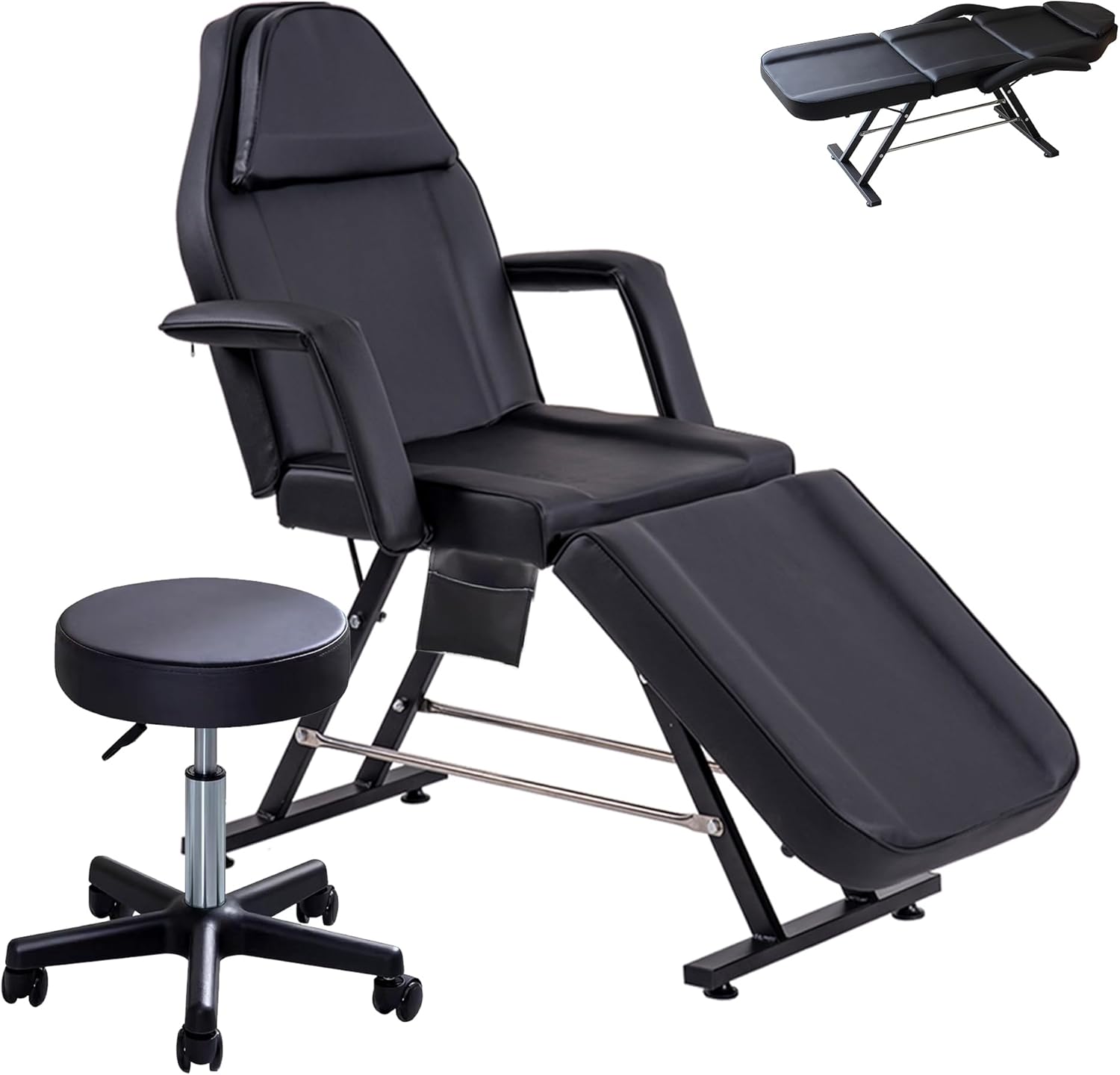 LSLIFE Beauty Bed with Stool Massage Table with Head Cushion 3 Section Adjustable Beauty Bed Professional Tattoo SPA Salon Chair (Black)