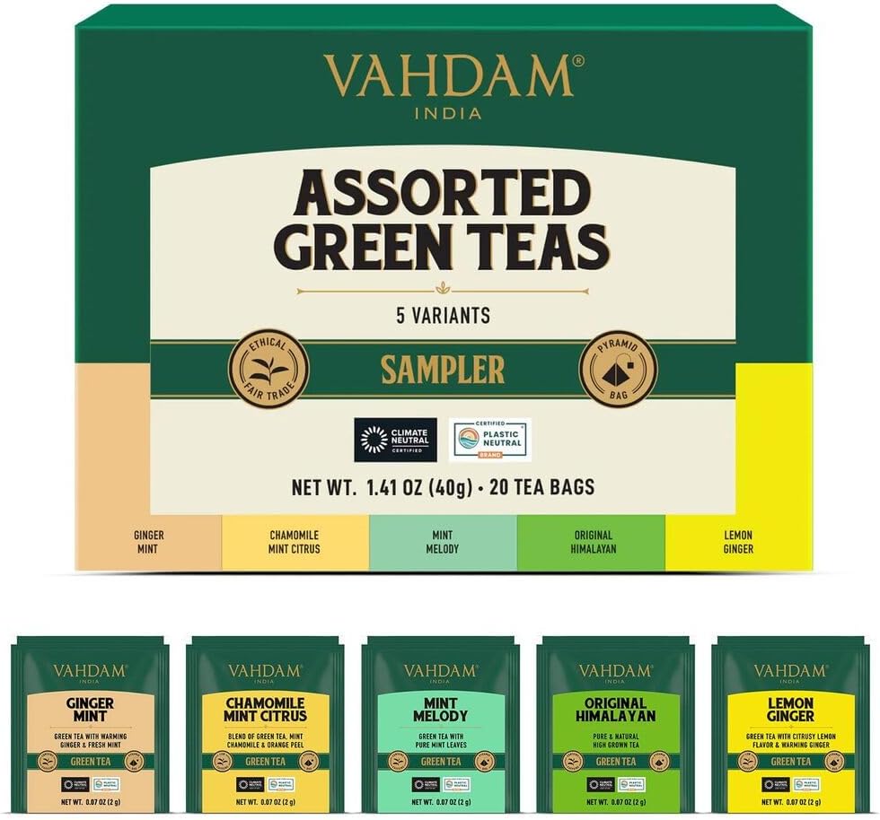 VAHDAM, Assorted Green Tea Sampler (5 Different Tea Blends, 20 Individually Wrapped Pyramid Tea Bags) | Low Caffeine Green Tea Varieties from India | Tea Gift Set for Tea Lovers