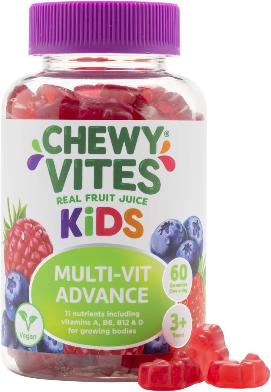 Chewy Vites Kids Multivitamin Advance, 60 Kids Vitamins Gummies, 11 Essential Nutrients, 2 Months Supply, Real Fruit Juice, Vegan, Age 3 +, Blueberry and Raspberry Flavour