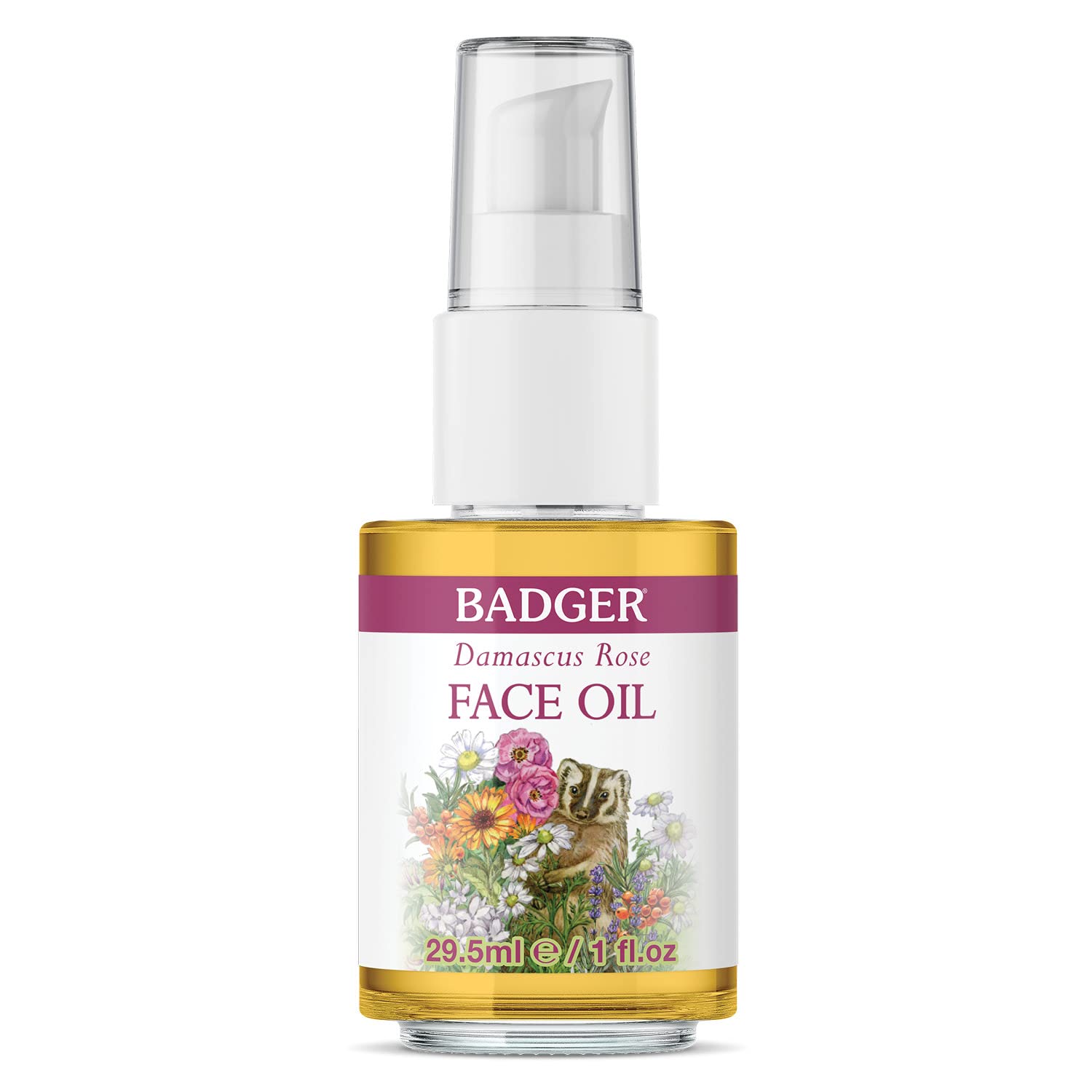 Badger Rose Face Oil, 100% Organic Face Moisturizer, Nourishing & Soothing Organic Jojoba Oil & Rose Oil, Vegan Antioxidant Rich Moisturizing Facial Oil, 1 fl oz Glass Bottle