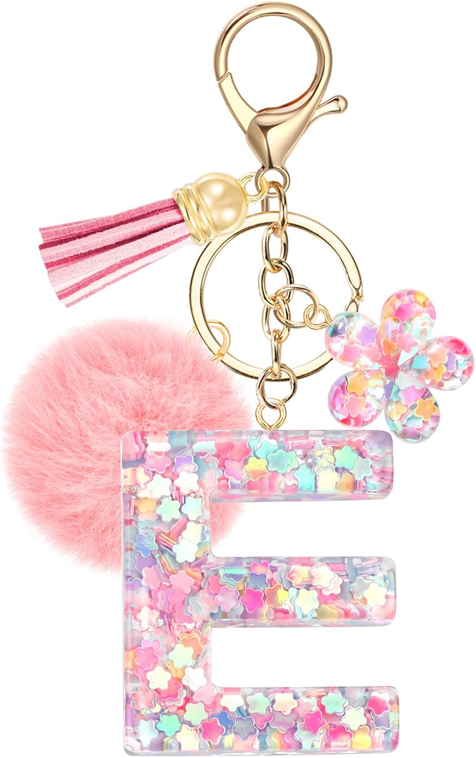 JSRQT Cute Pink Initial Letter Keychain, Flower Sequins Resin Alphabet Letter Keyrings, Flower Tassel Poms Pendants Bag Charm Car Key Chains