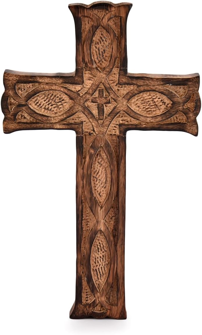 Indus Lifespace Wooden Wall Hanging Cross Handmade Antique Design - Rustic Look Decorative Religious Altar Spiritual Art Sculpture Home Living Room Decor (25.4cm x 15.24cm x 1.90cm)