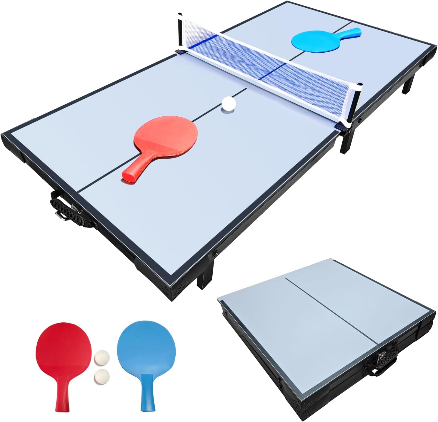 DRM 48 Inch mini Foldable Table Tennis Table Top, Portable Ping Pong Table Game Set with Racket and Net for Indoors/Outdoors