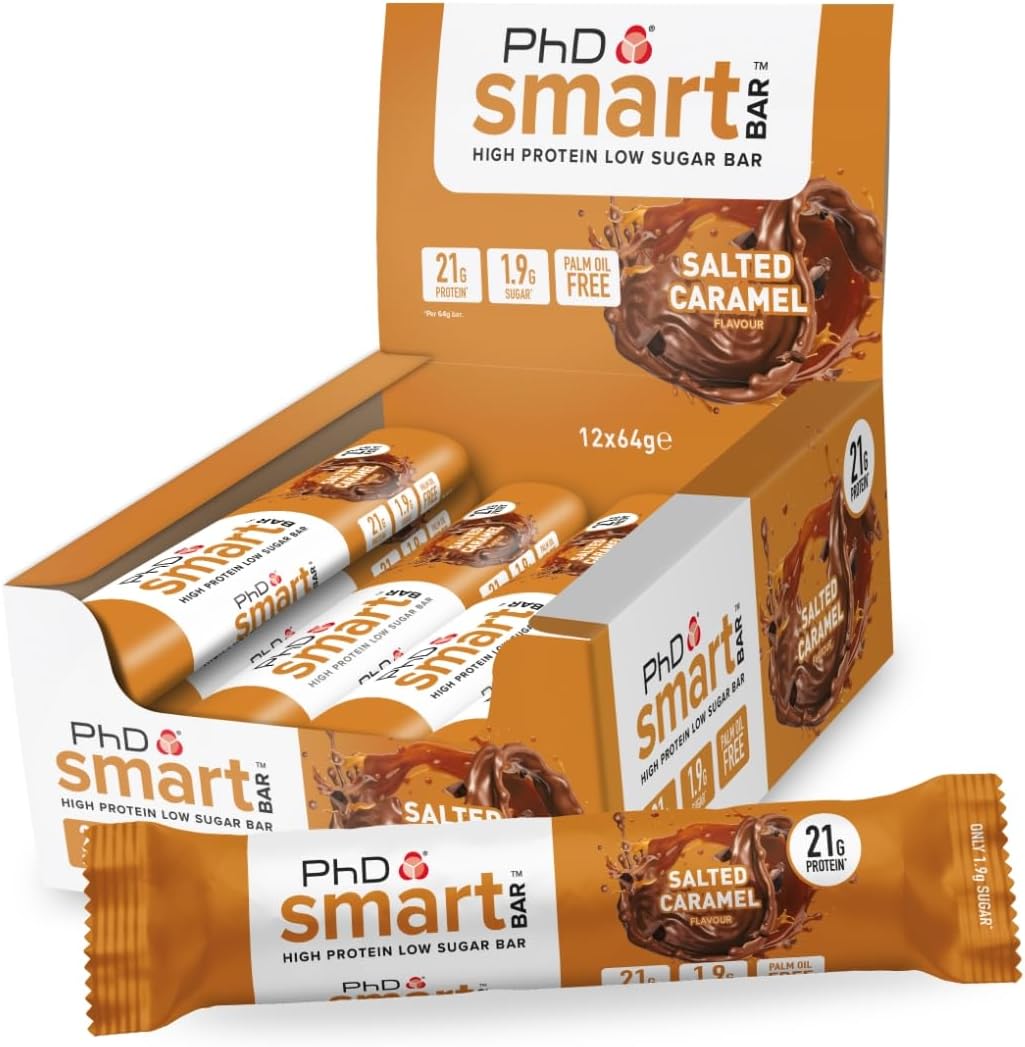 PhD Nutrition Smart Protein Bar Low Calorie, Nutritional Protein Bars/Protein Snacks, High Protein Low Sugar, Salted Caramel Flavour, 20g of Protein, 64g Bar (12 Pack)