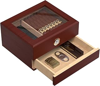 Cigar Humidor Box, Cigar Humidor Glass Top Cigar Case Humidifiers, Humidor Box Cigar Cases for Men Cigar Gifts Desktop Humidors Cigars 25-50 Counts