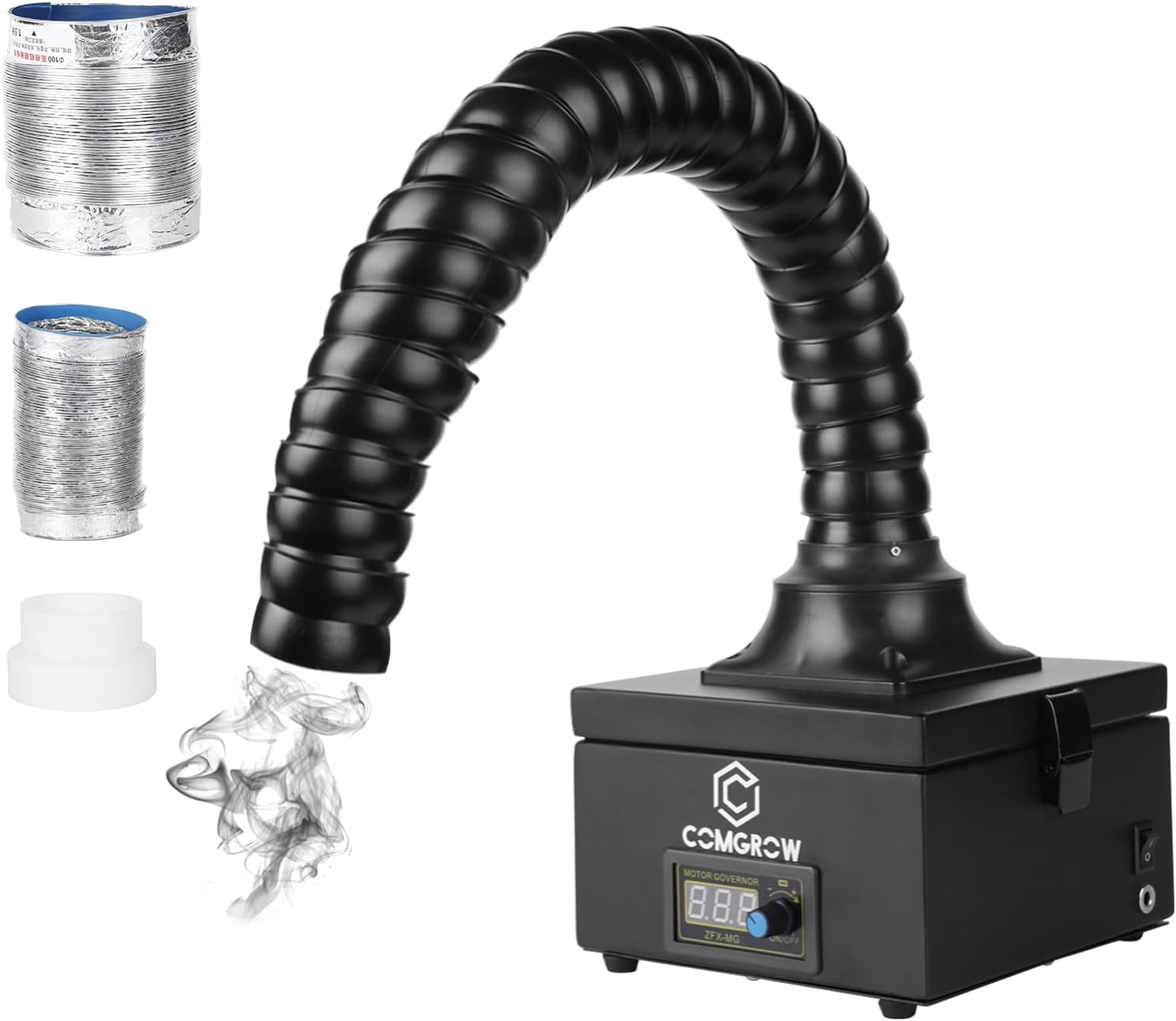 Comgrow 2 in 1 Hose Smoke Absorber,Strong Suction 3 Stage Purification for Soldering,Laser Engraver,Fume Extractor with 23 inch Adjustable Tube,15 inch Ventilation Aluminum Ducting-Shift knob improved