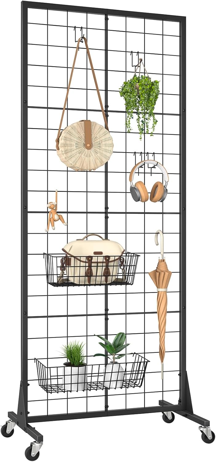 SPACECARE Gridwall Panel Display Stand 2.1' x 5.5' Ft, Heavy Movable Floorstanding Detachable Girdwall for Easy Transport, Standing Grid Tower with Extra Hooks, Display Rack for Retail and Craft Fair