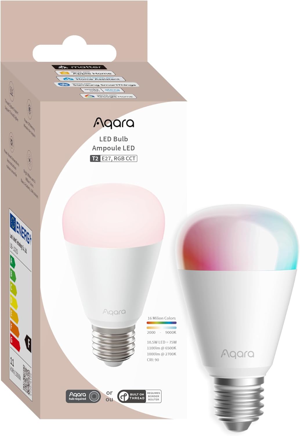 Aqara Thread/Zigbee Smart LED Light Bulb T2 E27, Tunable White (2000K-9000K), RGB Color Changing Light Bulb with 16 Million Colors, 75W Equivalent, Matter, Works with HomeKit, Alexa, Google & More