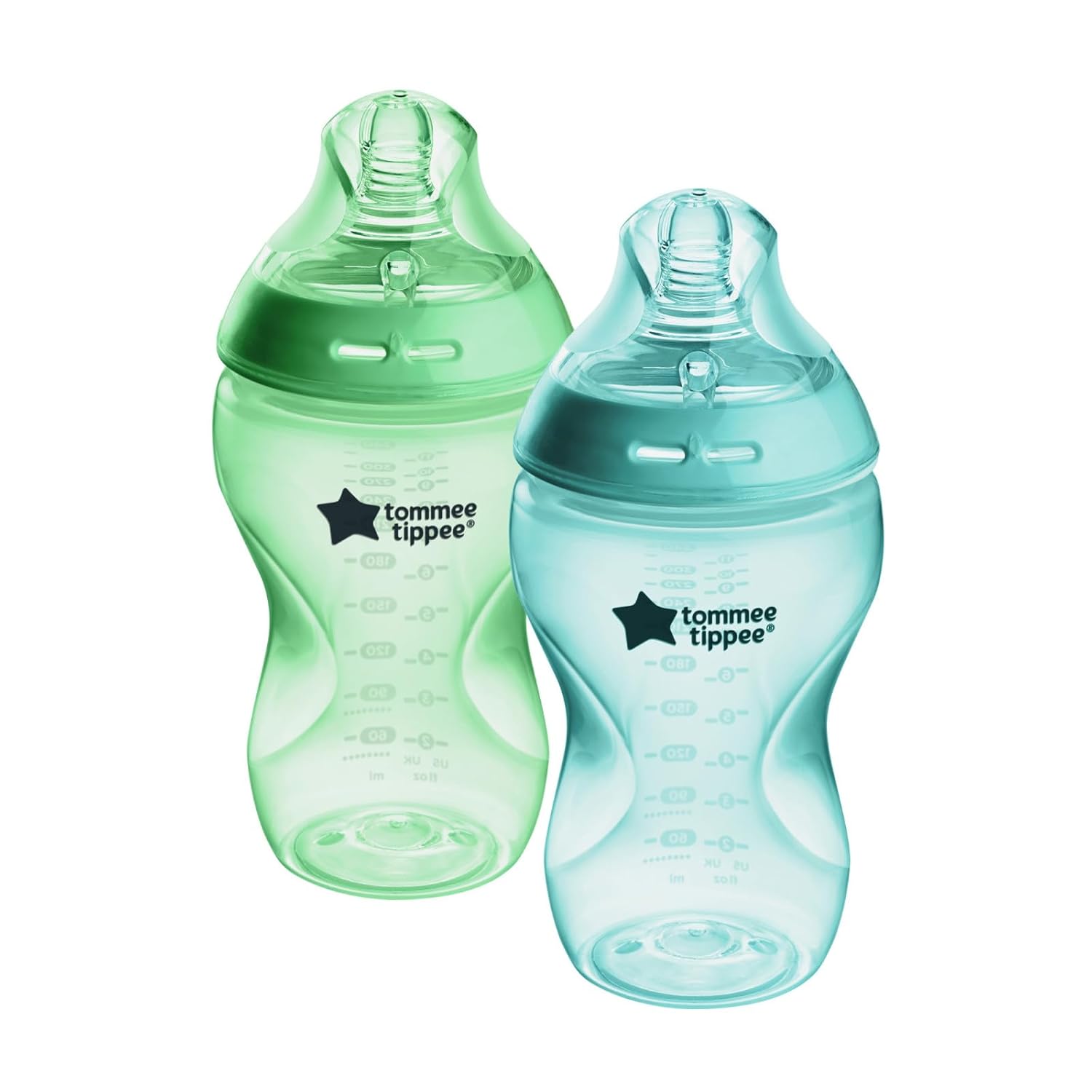 Tommee Tippee Natural Start Baby Bottle, 11oz, Thicker Feed, Breast-Like Nipple for Babies 6 Months+, Green and Teal, 2 Count