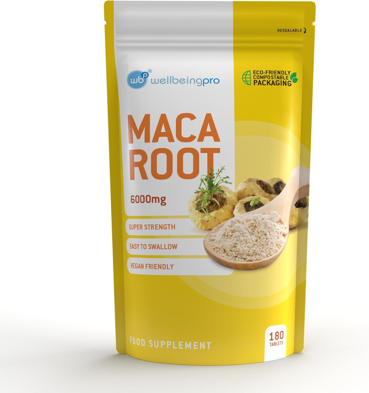 WBP Maca Root 6000mg Tablets (6 Month Supply) - Super Strength Vegan Extract - Eco & Letterbox-Friendly Compostable Packaging - Premium Quality GMP Certified Peruvian Maca Made in the UK - 180 Tablets