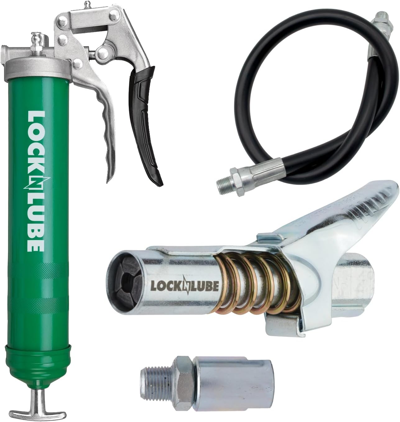 LockNLube Heavy-Duty Pistol Grip Grease Gun. Includes our patented LockNLube® Grease Coupler (Locks On, Stays On, Won't Leak!) plus a high-quality 20" hose and in-line hose swivel