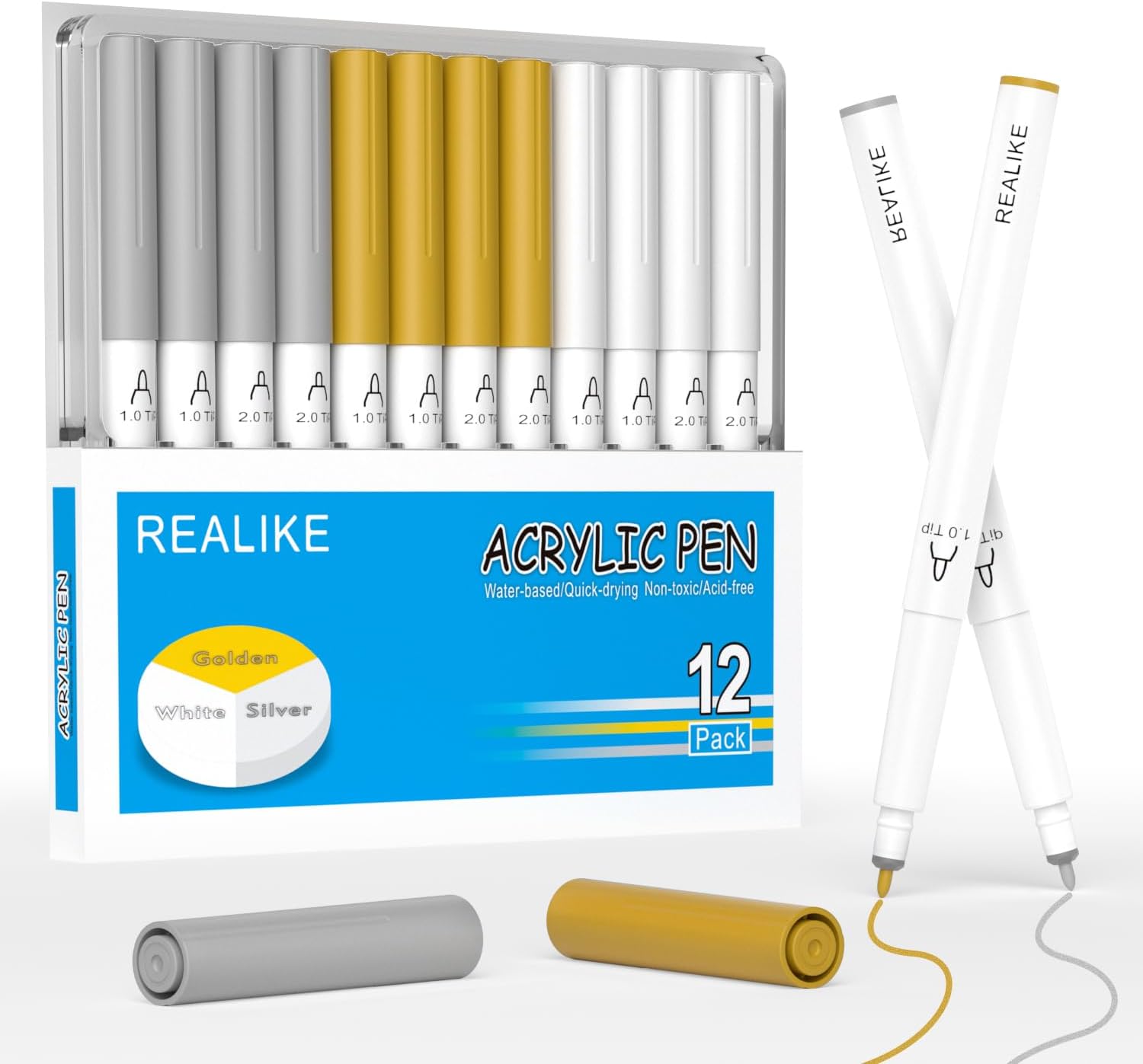 REALIKE Acrylic Paint Markers Compatible with Cricut Maker 3/Maker 4/Maker/Explore 3/4/Air 2/Air, Gold Silver White Acrylic Paint Pens for Rocks, Paper, Wood, Canvas, Glass, Ceramic (1.0 & 2.0 Tip)