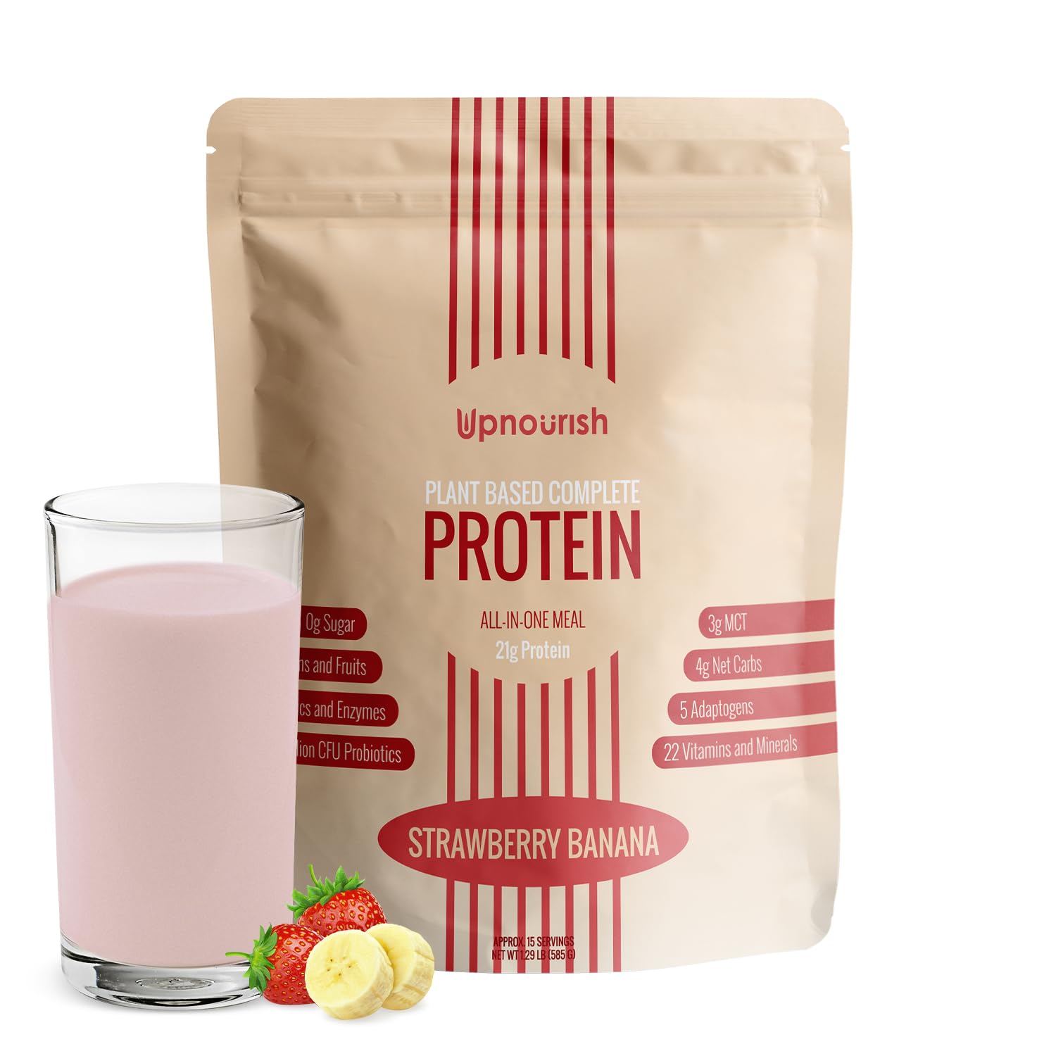 UpNourish Strawberry Banana Vegan Protein Powder 54 Superfoods Powder,1.5 Billion CFU Probiotics 21g Plant Based Protein,No Sugar No Dairy No GMO Dairy Free,Meal Replacement Shake Keto-Friendly Low-Carb Diet,15 Servings