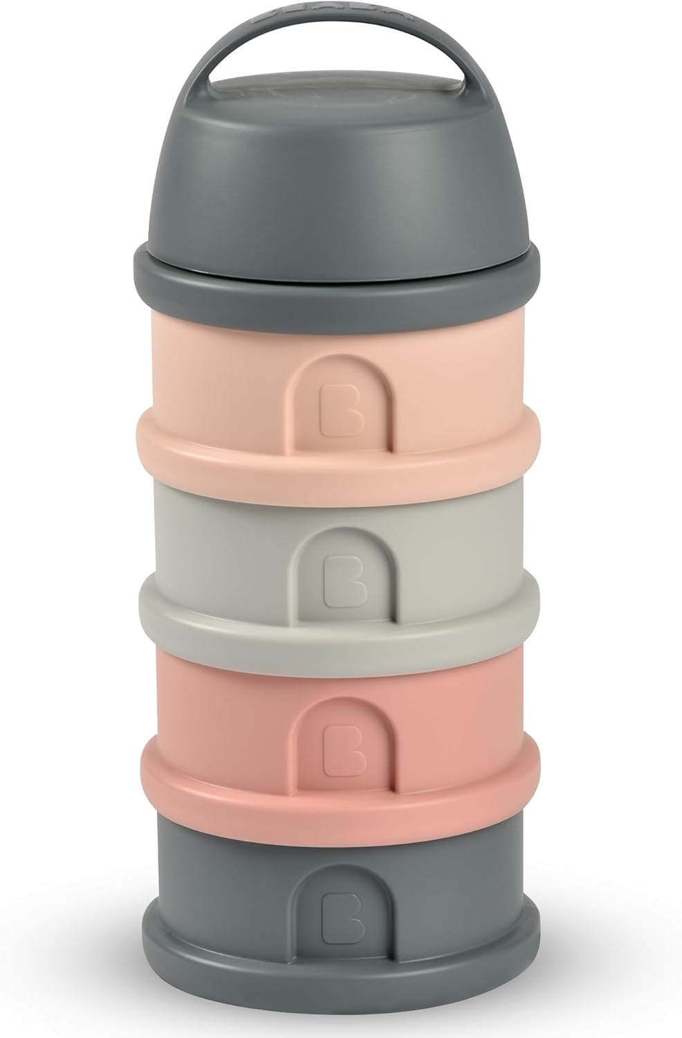 BEABA, Stackable Milk Dispenser, 100% Hermetic, 4 compartments, Made in France, Large Capacity, Evolutive use, Mineral Grey/Pink