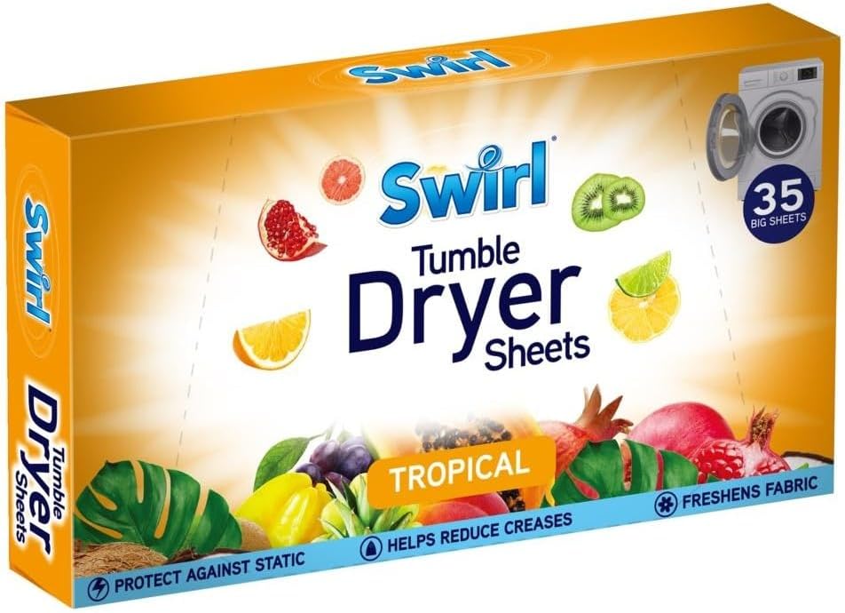 Swirl Tumble Dryer Sheets with Long Lasting Tropical Fragrance, 35 Big Sheets | Eliminates Static Cling & Softens Clothes In Laundry Dryer Machine