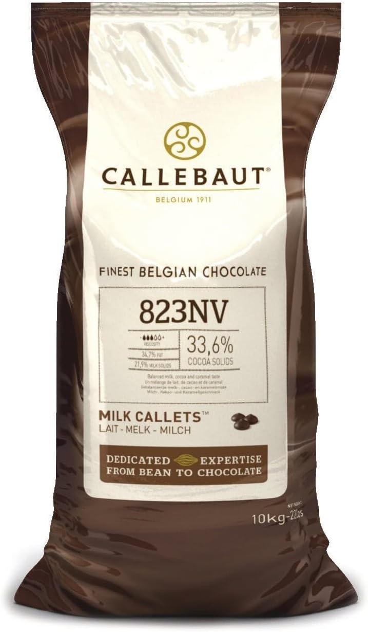 Callebaut 823 Milk Couverture Callets - Belgian Baking Chocolate Callets - Min 30.2% Cocoa butter, 4.9% fat free cocoa, 6% Milk fat, 15.8% Fat free milk - Recipe 823NV-595 - 22 Lbs (10 kg)