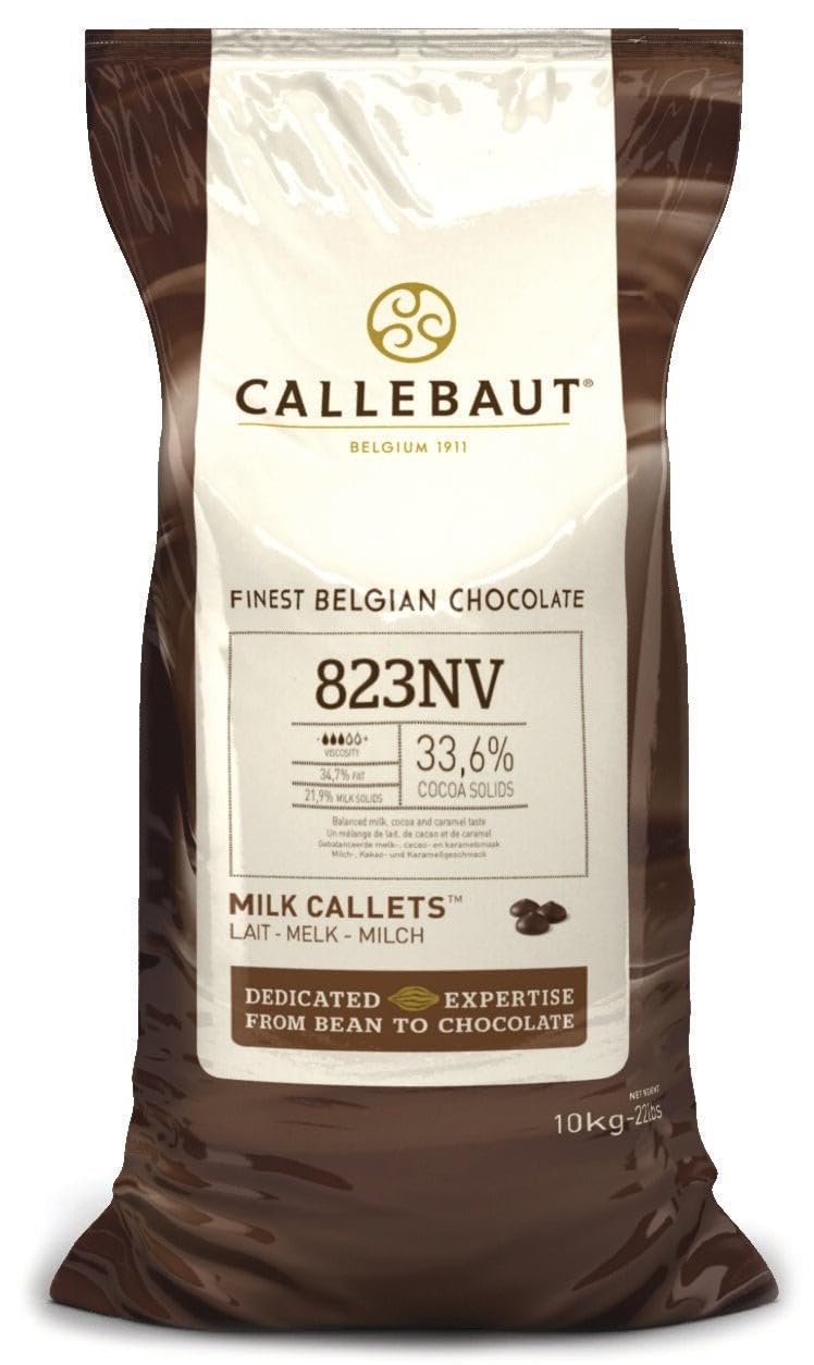 Callebaut 823 Milk Chocolate Callets - 22 LBS Belgian Baking Chocolate Callets - Min 30.2% Cocoa butter, 4.9% fat free cocoa, 6% Milk fat, 15.8% Fat free milk - Recipe 823NV-595 - 22 Lbs (10 kg)