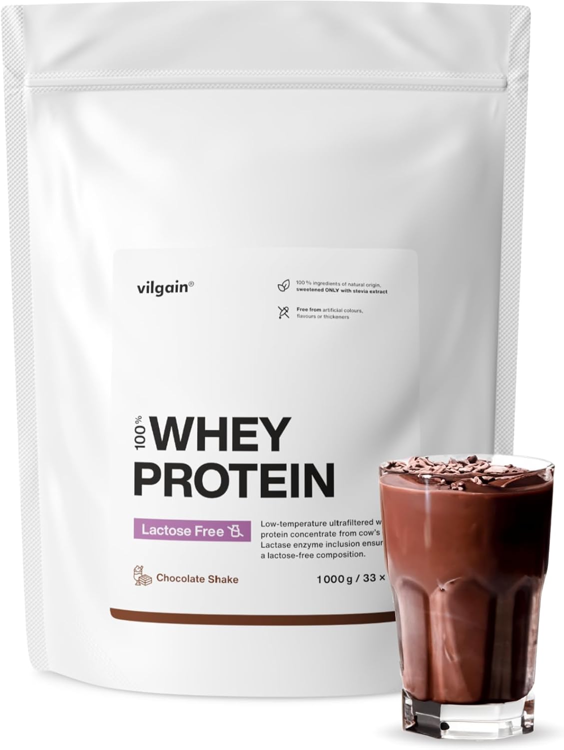 Vilgain Lactose Free Whey Protein - 1000 g - 75% Protein, Lactose Free, sweetened with stevia, Ultra-Filtered at Low temperatures (1000g, Chocolate)