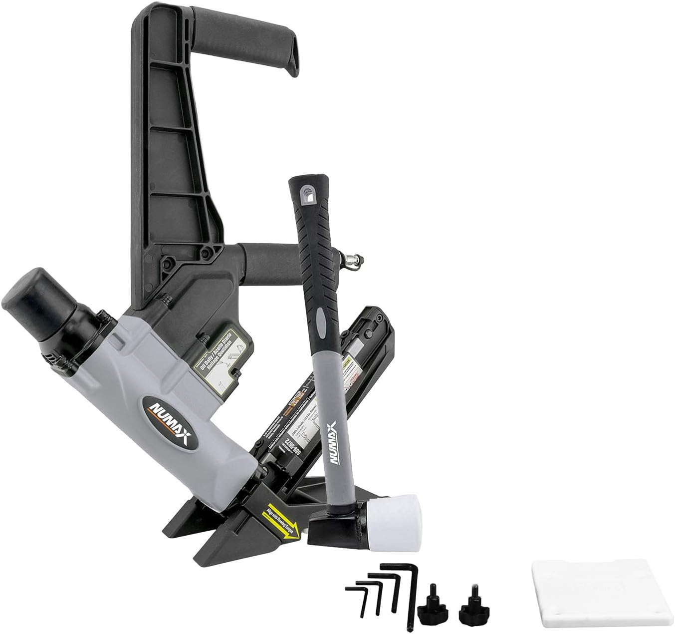 NuMax S50LSDH Pneumatic 2-in-1 15.5-Gauge and 16-Gauge 2" Dual Handle Flooring Nailer / Stapler with Flooring Mallet and Interchangeable Base Plates