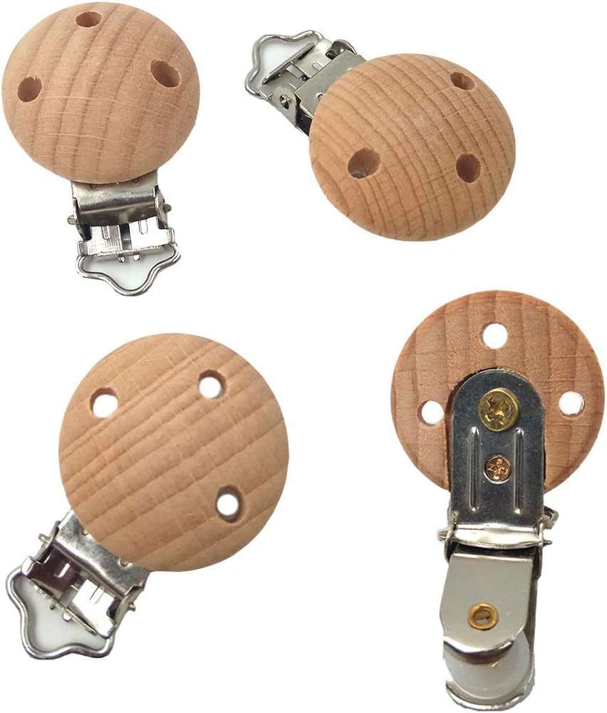 Alenybeby 10pcs Natural Beech Wood Suspender Clips Holder Fixed 30mm Wooden Pacifier Clips with Hole Charm Antique DIY Beading Pacifier Chain Accessory