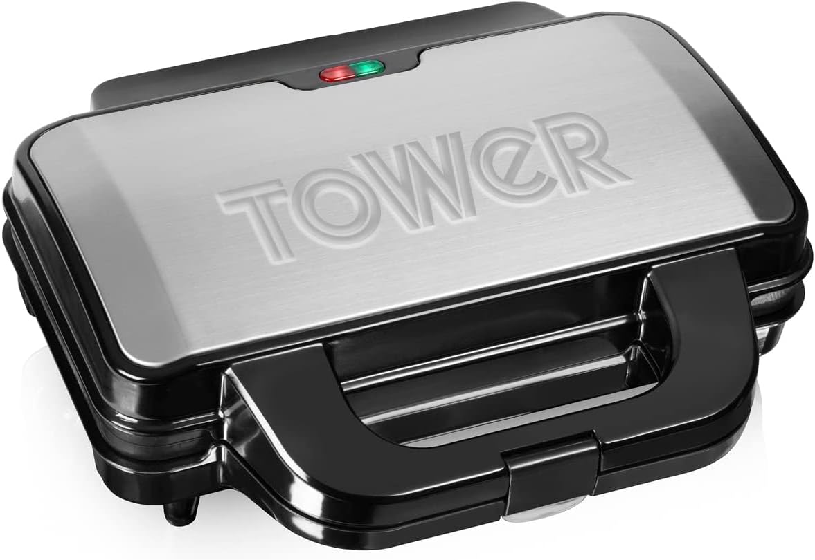 Tower T27013 Deep Fill Sandwich Maker with Extra Deep and Easy to Clean Non-Stick Plates, Automatic Temperature Control, 900W, Silver and Black