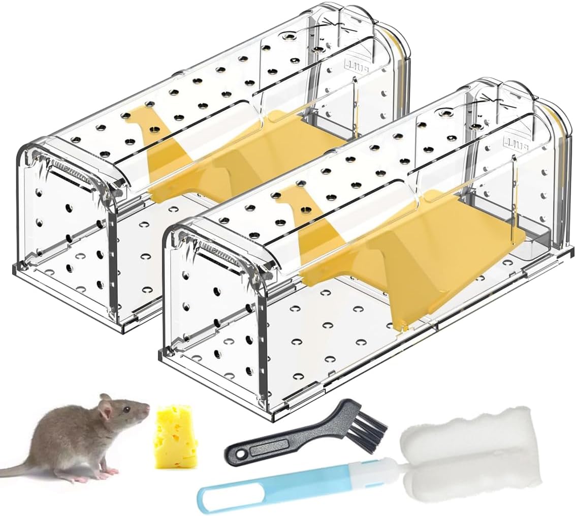 Mouse Traps No Kill Live Catch,Humane Mouse Trap Mice Release Mouse,Washable Reusable Indoors Rat Traps with Cleaning Brush,Field Mouse Rodent Control for Outdoors (2Pcs)