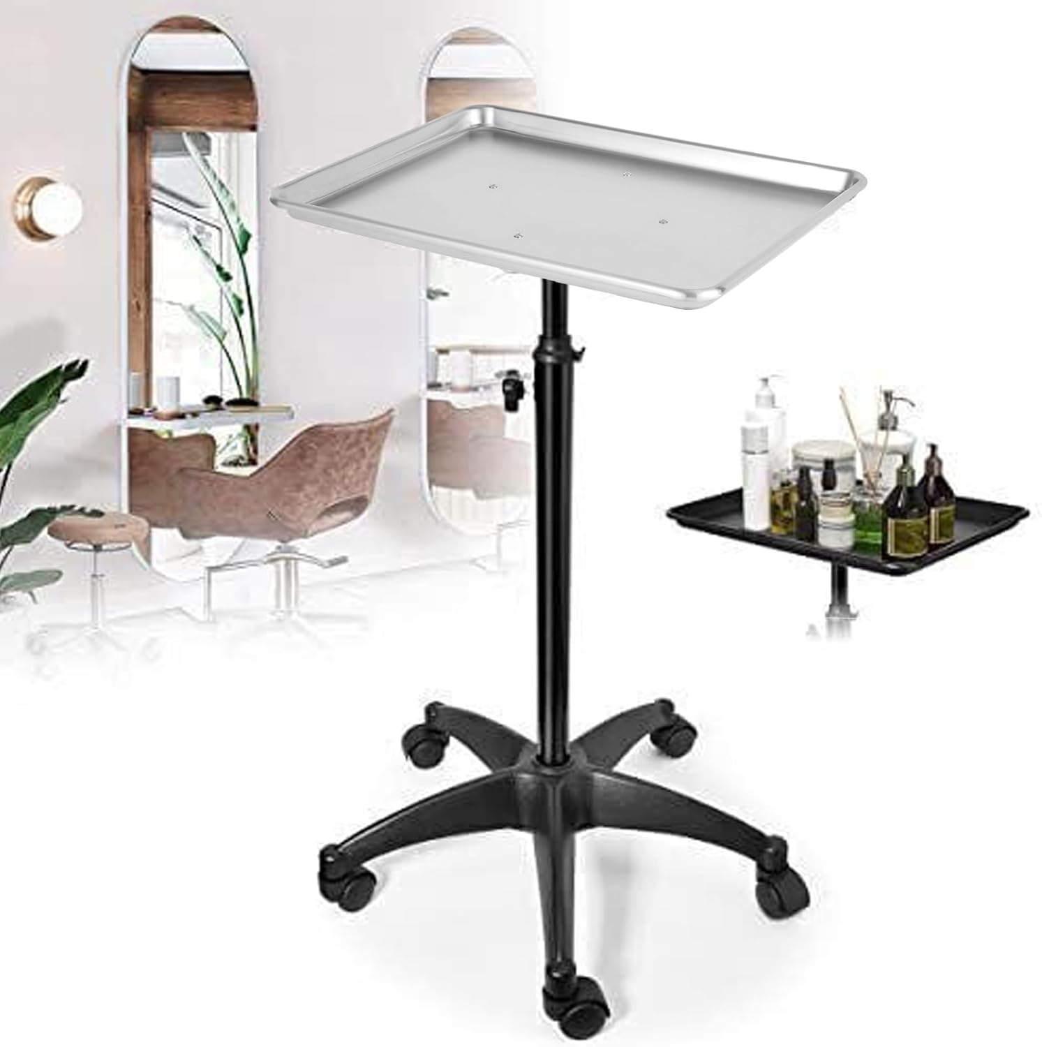 Salon Trolley Wheel Stand, SPA Rolling Tray Beauty Equipment Hair Stylist Storage Mobile Trolley, Height Adjustable, Beauty Spa Service Instrument Storage Station Silver
