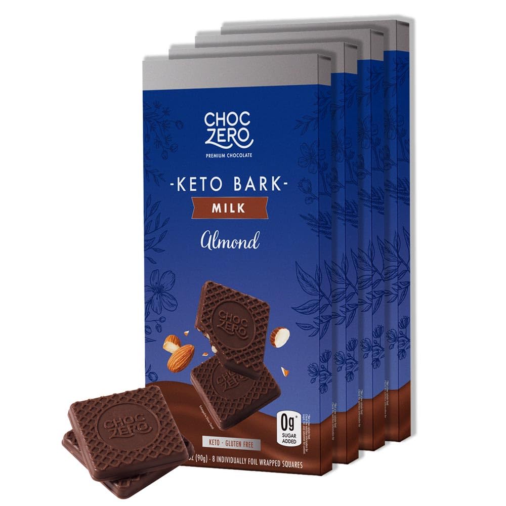 ChocZero Keto Bark, Milk Chocolate Almond Candy, No Added Sugar, Low Carb, No Sugar Alcohols, No Artificial Sweeteners, 3.2 Ounce (Pack of 4)