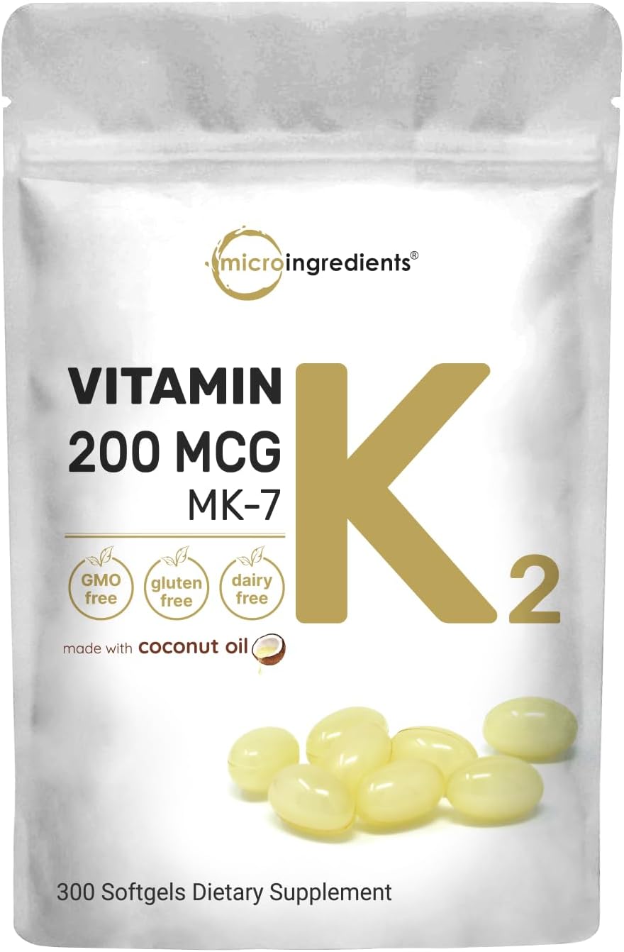 Micro Ingredients Vitamin K2 MK-7 Supplement, 200 mcg Per Serving, 300 Coconut Oil Softgels | Easily Absorbed, Active Menaquinone Form | Immune, Joint, & Heart Support | Non-GMO