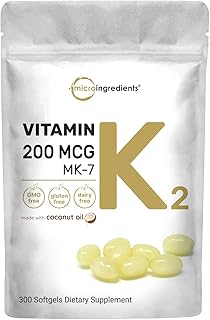 Micro Ingredients Vitamin K2 MK-7 Supplement, 200 mcg Per Serving, 300 Coconut Oil Softgels | Easily Absorbed, Active Menaquinone Form | Immune, Joint, & Heart Support | Non-GMO