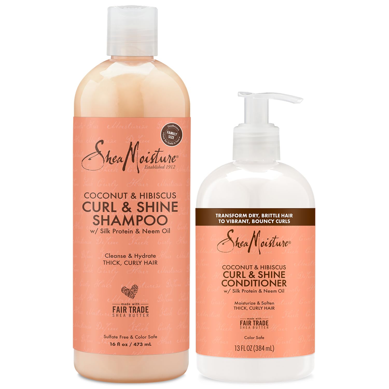 SheaMoisture Shampoo and Conditioner Set, Coconut & Hibiscus Curl & Shine, Curly Hair Products with Coconut Oil, Vitamin E & Neem Oil, Frizz Control, Family Size, 16 Fl Oz Ea