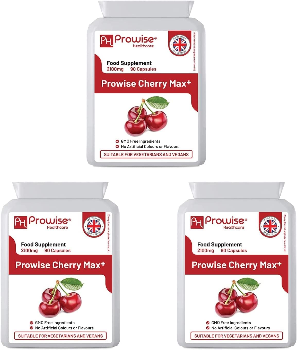 Cherry Max+ (Pack of 3) 2100mg Montmorency Cherry Added with Black Cherry I 90 Vegan Capsules High Strength I Made in The UK by Prowise Healthcare