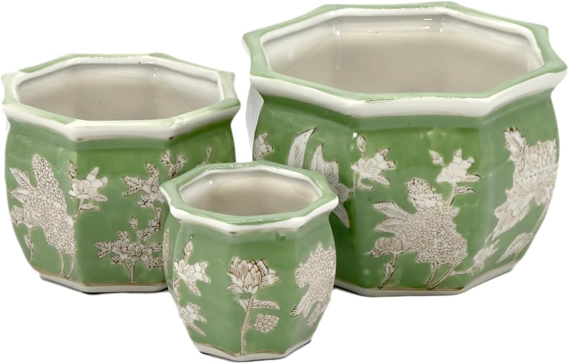 Galt International Green & White Floral Porcelain Ceramic Decorative Flower Pot 8"/6"/4.5" Garden Pots Chinese Asian Design - Set of 3 Green Fluted