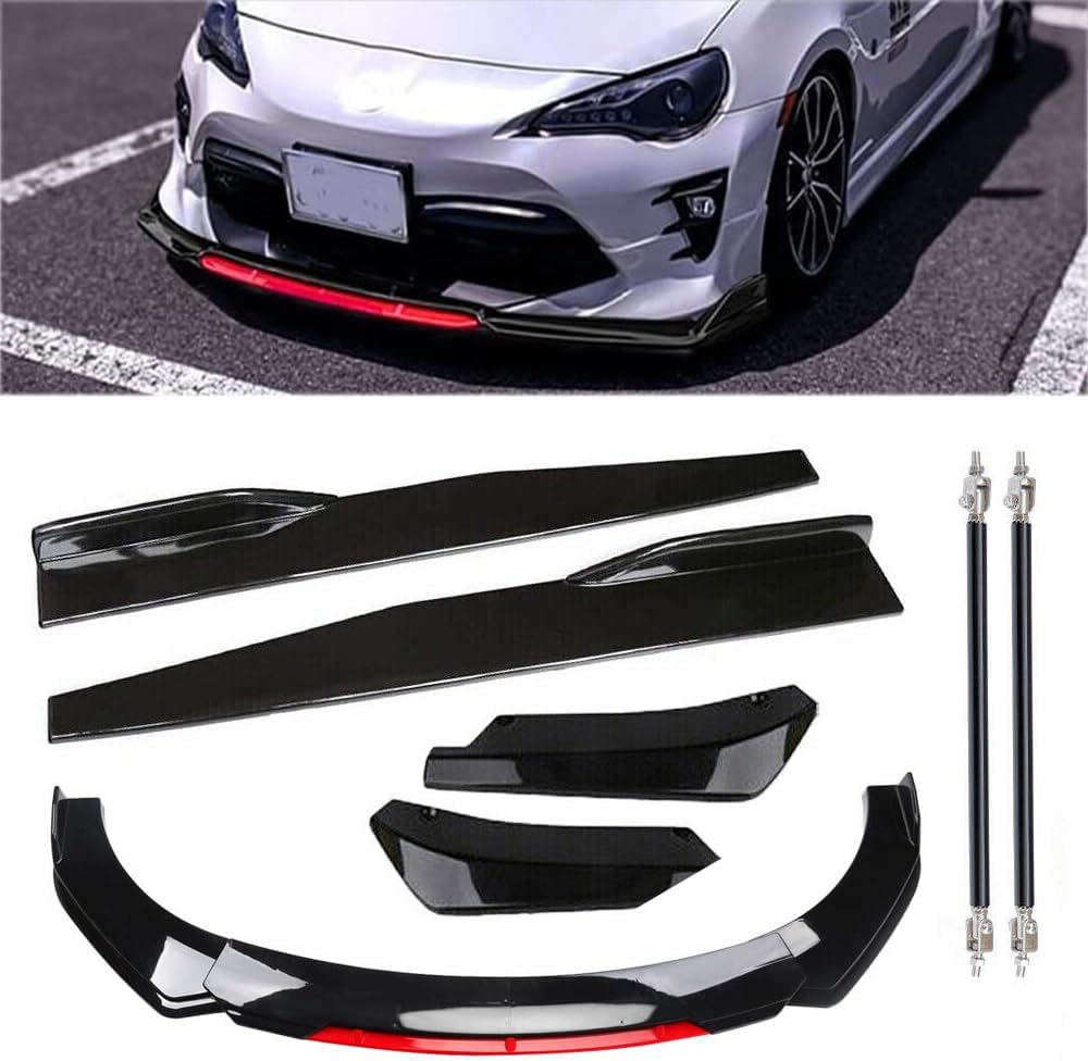 Black & Red 69"-73" Adjustable Universal Car Front Bumper Lip Spoiler Diffuser Body Kits + 29" Car Side Skirt Extension Rocker Panel Body Kit+ 14" Car Rear Bumper Lip Compatible Most Vehicle
