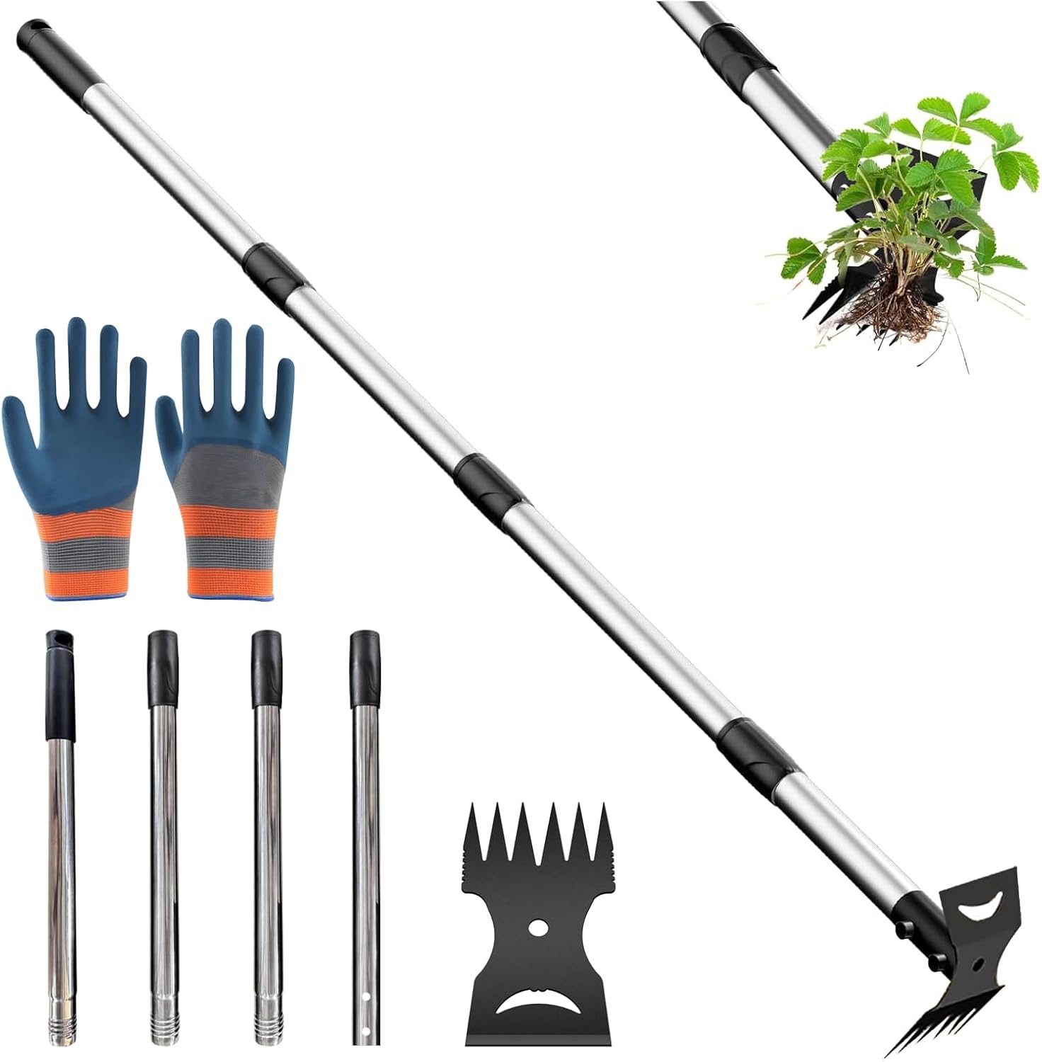 Weed Remover Tool Long Handle 148cm, Long Handled Weed Puller, 2 In 1 Garden Hoes Rake for Weeding, Heavy Duty Weed Control Weeders Picker Accessories for Yard Lawn Patio Garden (with a pair of glove)
