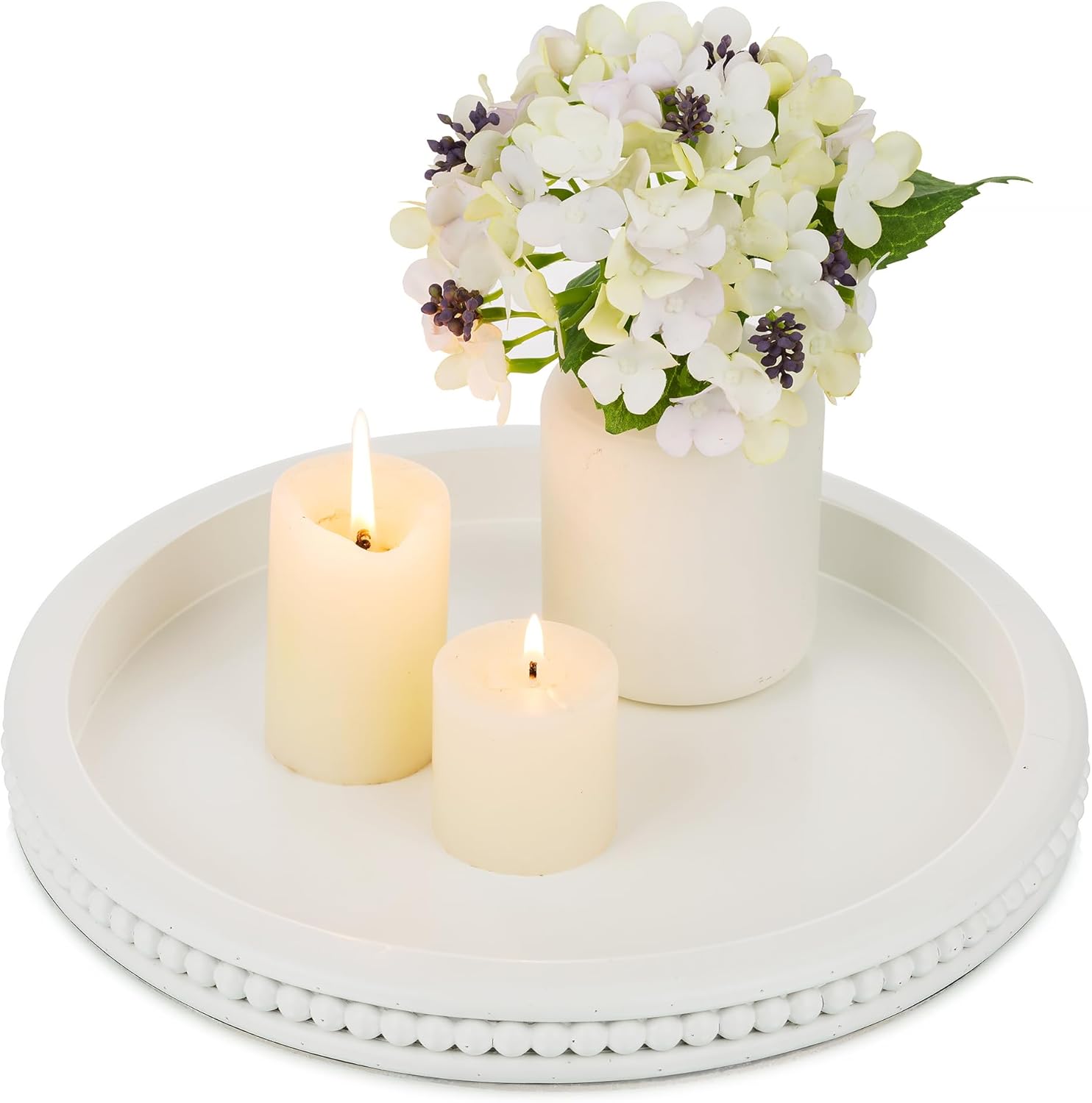 Hanobe Decorative Coffee Table Tray: White Beaded Round Serving Tray Modern Farmhouse Wooden Circle Centerpiece Tray Decor for Home Living Dining Room Kitchen Counter Bathroom