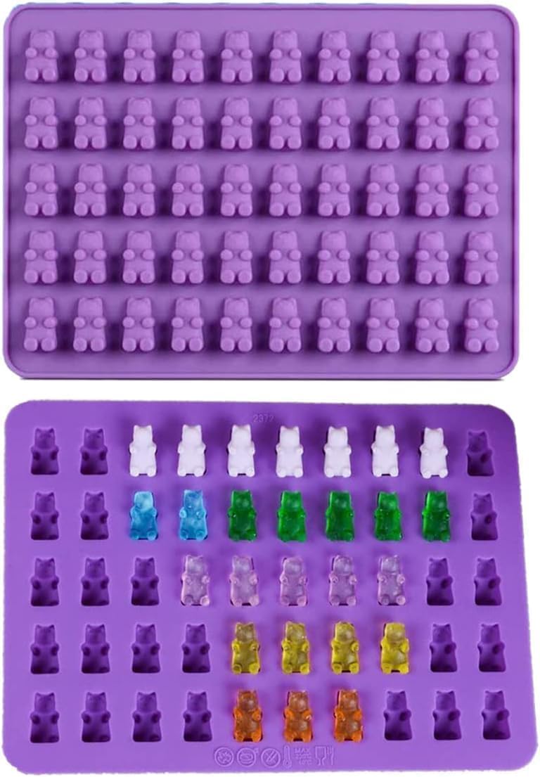 BURRSJ 2 Pack Mini Gummy Bear Silicone Moulds | 50 Cavities for Jelly Sweets, Chocolate, Candles & Wax Melts | Food Grade, Non-Stick, Flexible & Reusable | Dishwasher Safe Baking Moulds