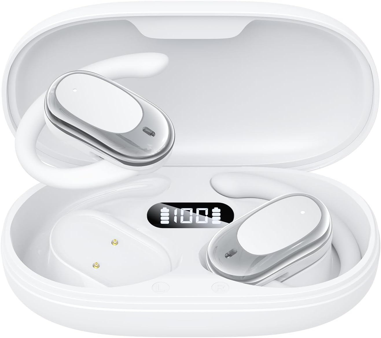 Adjustable Silicone Open Ear Headphones Wireless Bluetooth 5.4, IPX7 Waterproof, 80Hrs Playtime, Over The Ear Earbuds, Bone Conduction Open Ear Earbuds for Running and Workout, Charging Case, White