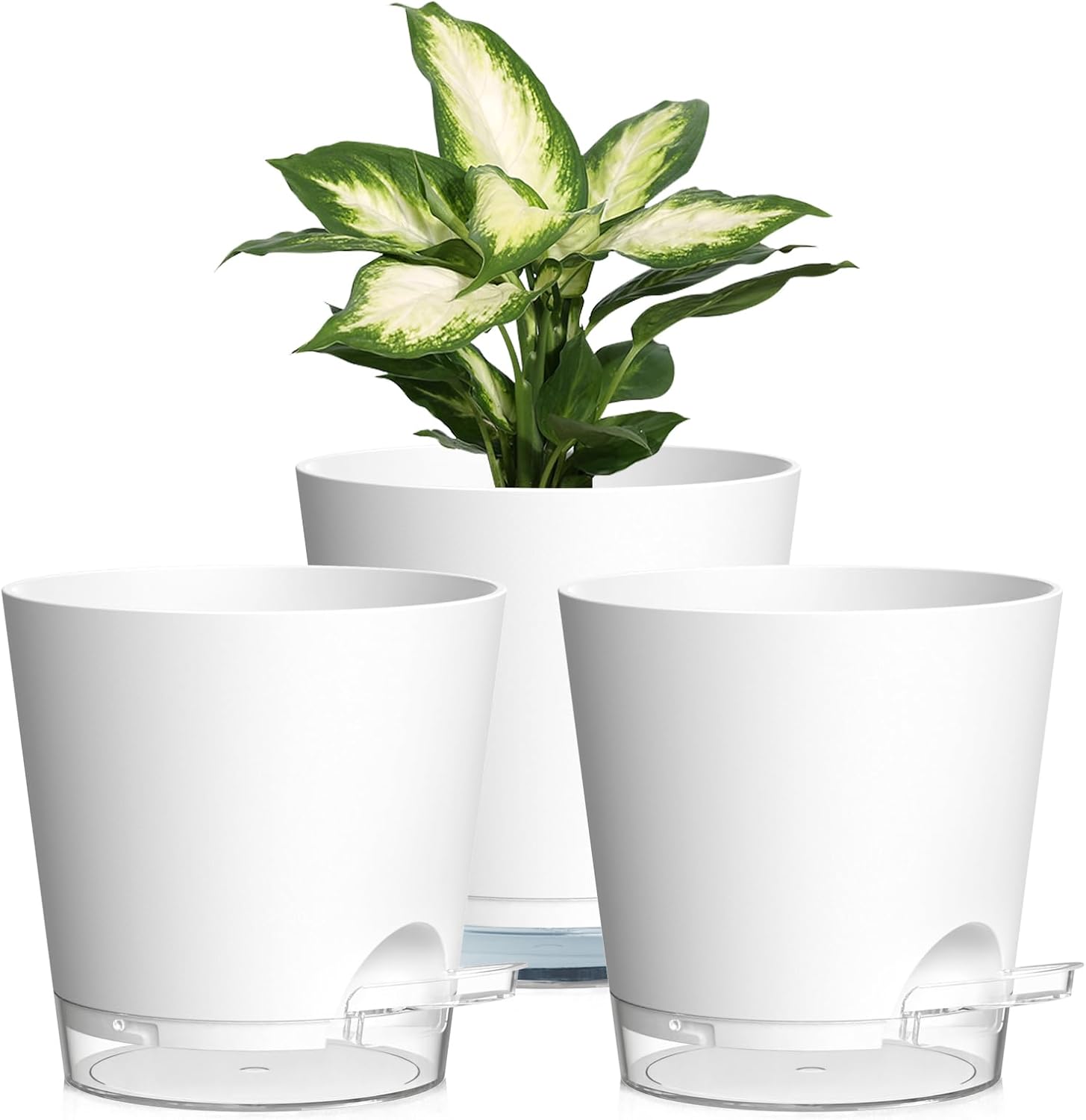 15cm Self Watering Plant Pots Indoor, 3 Pack Plastic Planters with Drainage Holes & Saucer, Ideal for All Indoor Outdoor House Plants(White With Transparent Drainage)