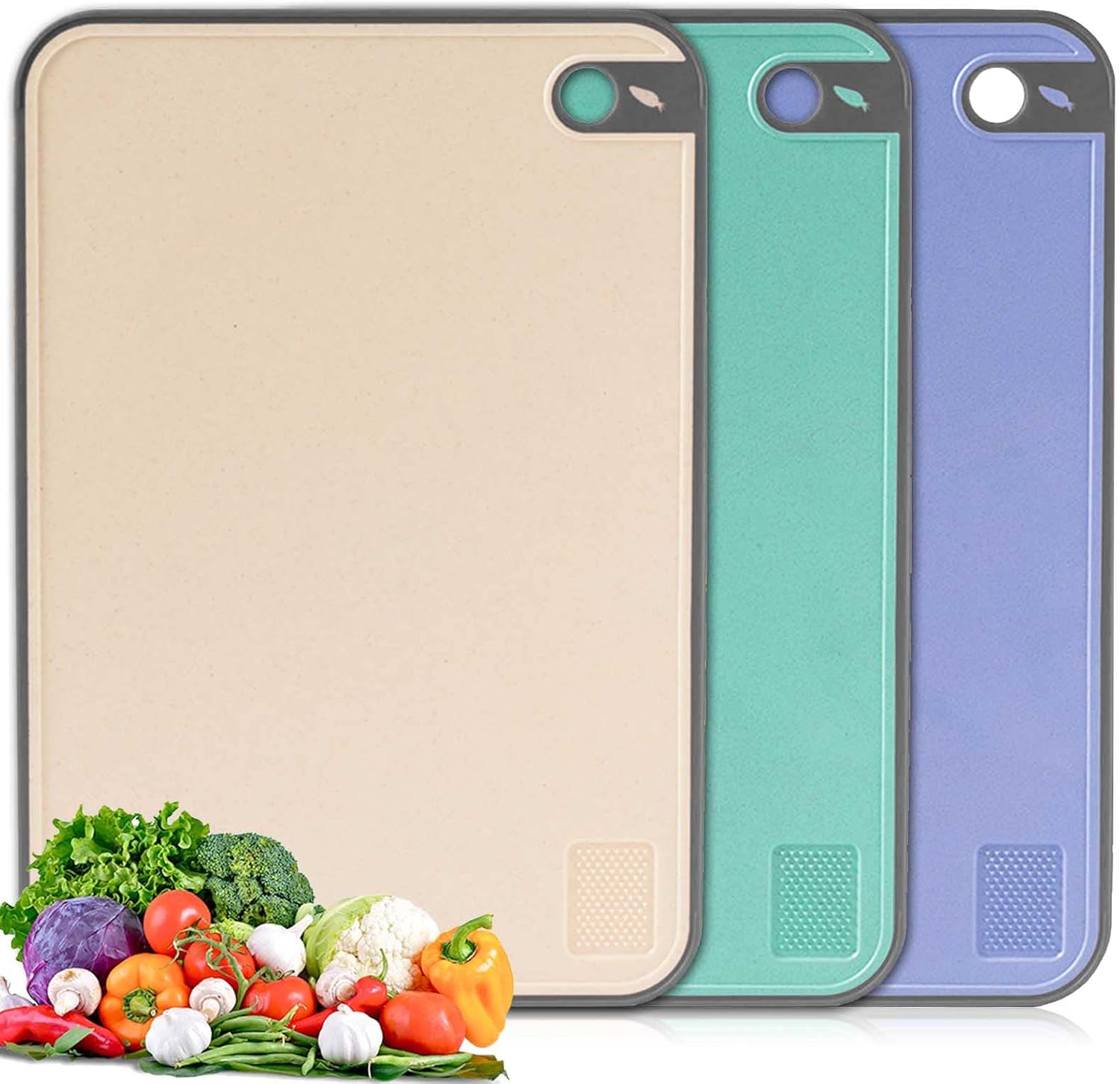 IAGORYUE Chopping Board Set, BPA Free Plastic Cutting Boards, Large Chopping Boards with Non-Slip Rubber Feet and Garlic Press Groove for Kitchen Carving Meat/Vegetable, Durable & Easy to Clean, 3 Pcs