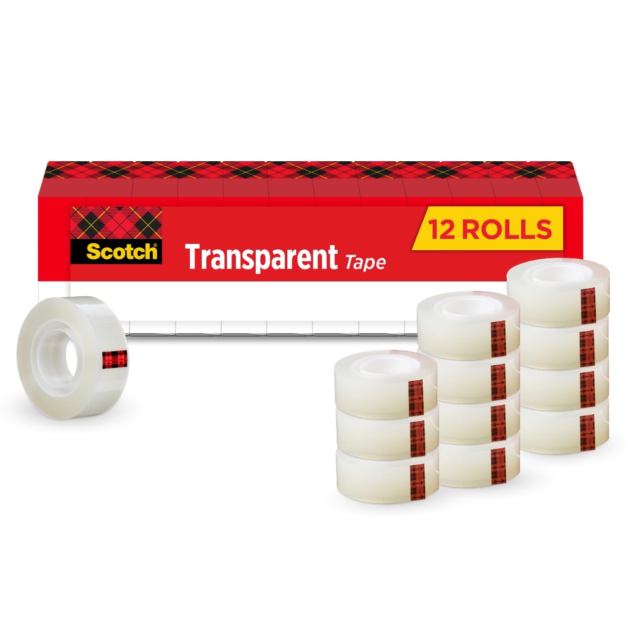 Scotch Transparent Tape, Clear Tape Engineered for Office and Home Use, 1 Inch Core, 3/4 in x 1000 in, 12 Rolls