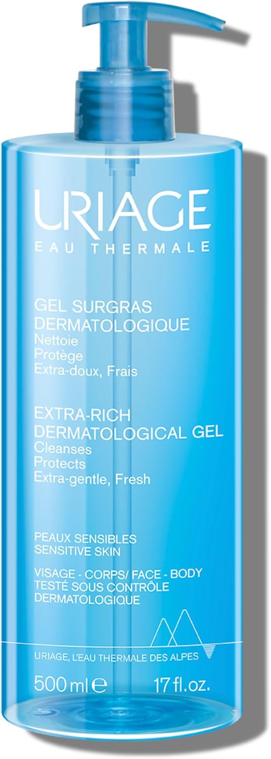 Uriage Extra-Rich Dermatological Cleansing Gel 500ml - Fresh Face & Body Foaming Cleanser - Sensitive & Dry Skin - Hydrates & Preserves the Hydrolipidic Film - Paraben & Soap-Free - Physiological pH