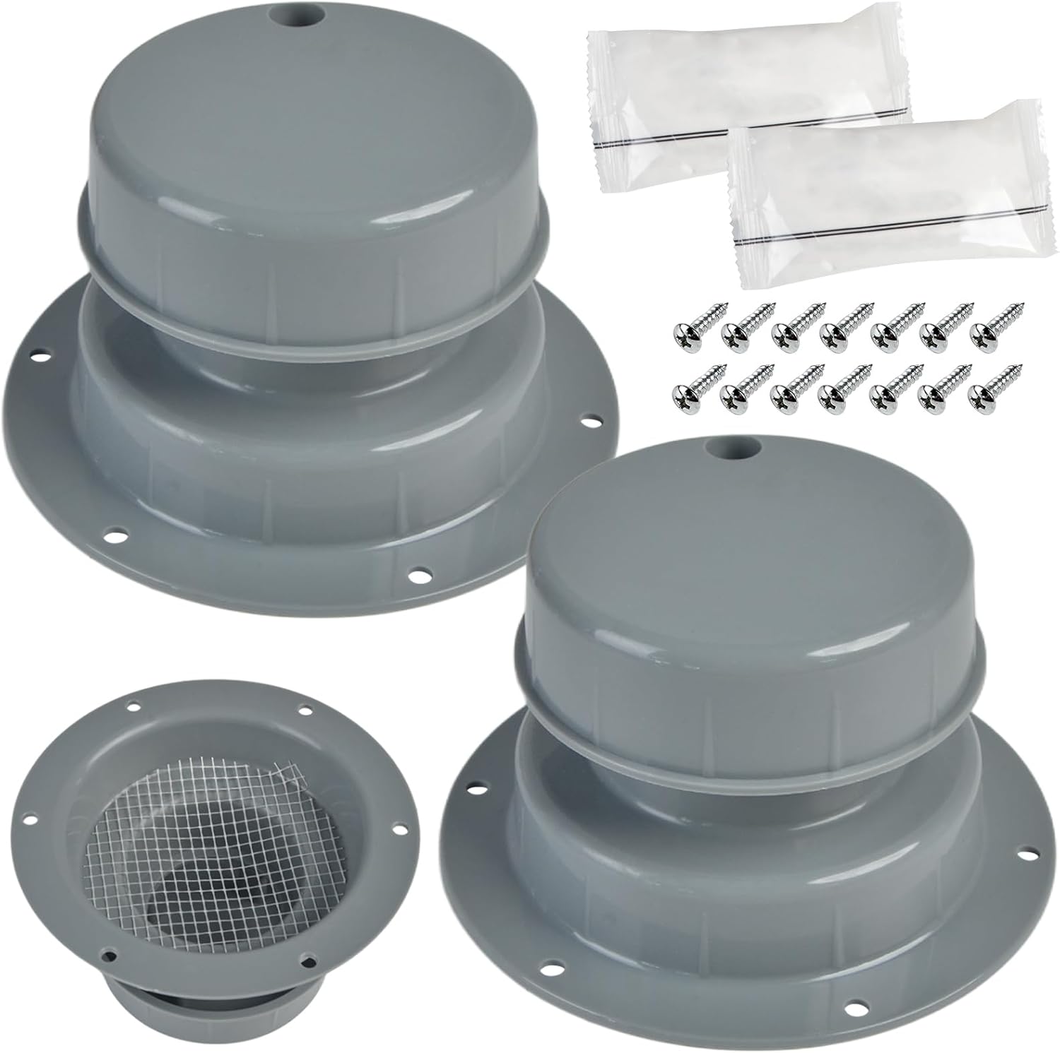 2PCS RV Roof Plumbing Vent Caps Kit with Screen, Camper Vent Cover Replacement Kit with Putty Tape and Screws, RV Roof Sewer Vents Cover Caps for 1" to 2-3/8" OD Pipe for Outdoor RVs Trailer Motorhome